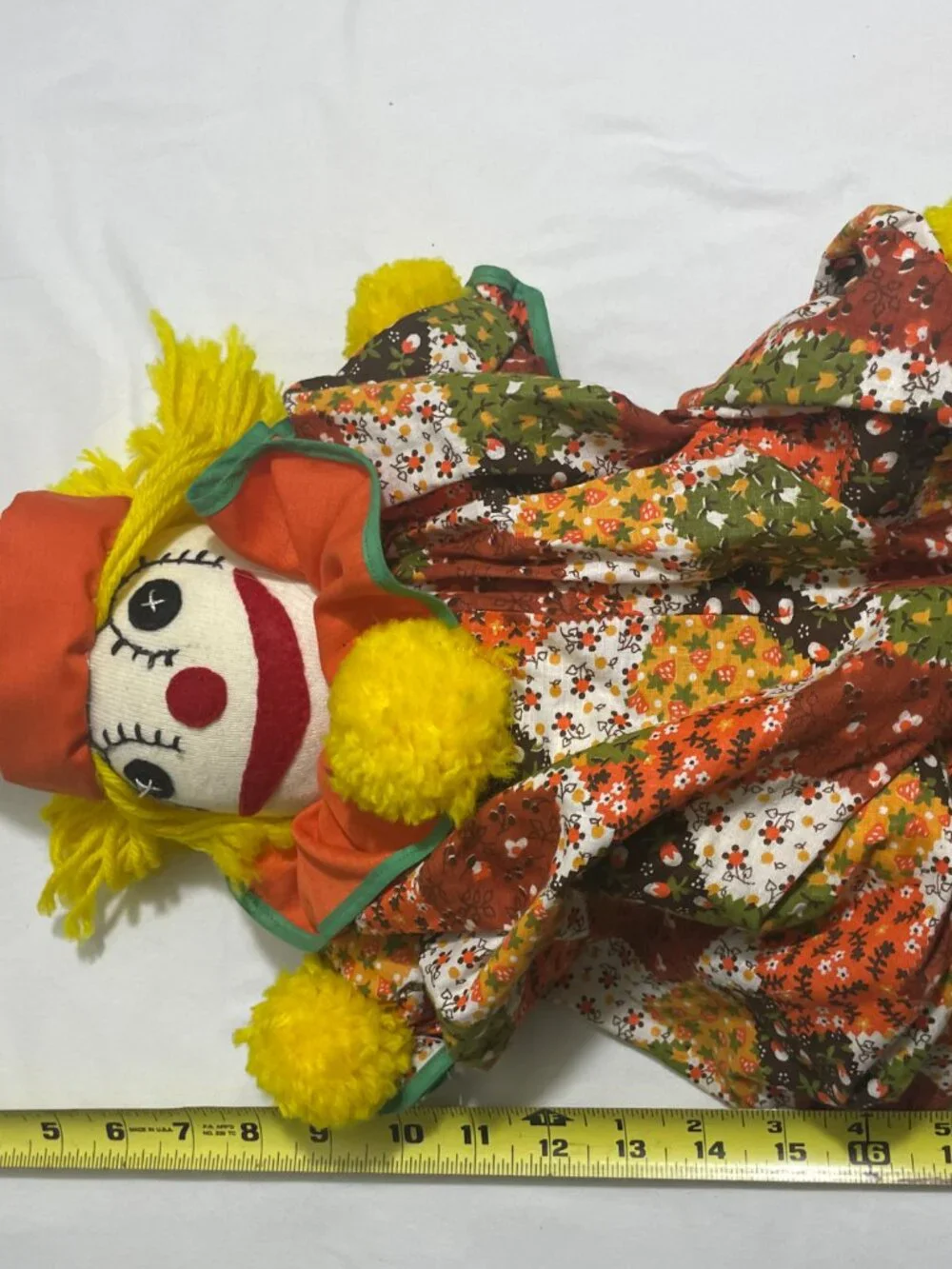 Vintage Handmade Rag Doll Clown Plush Stuffed Toy Yellow Yarn Hair Patchwork 20